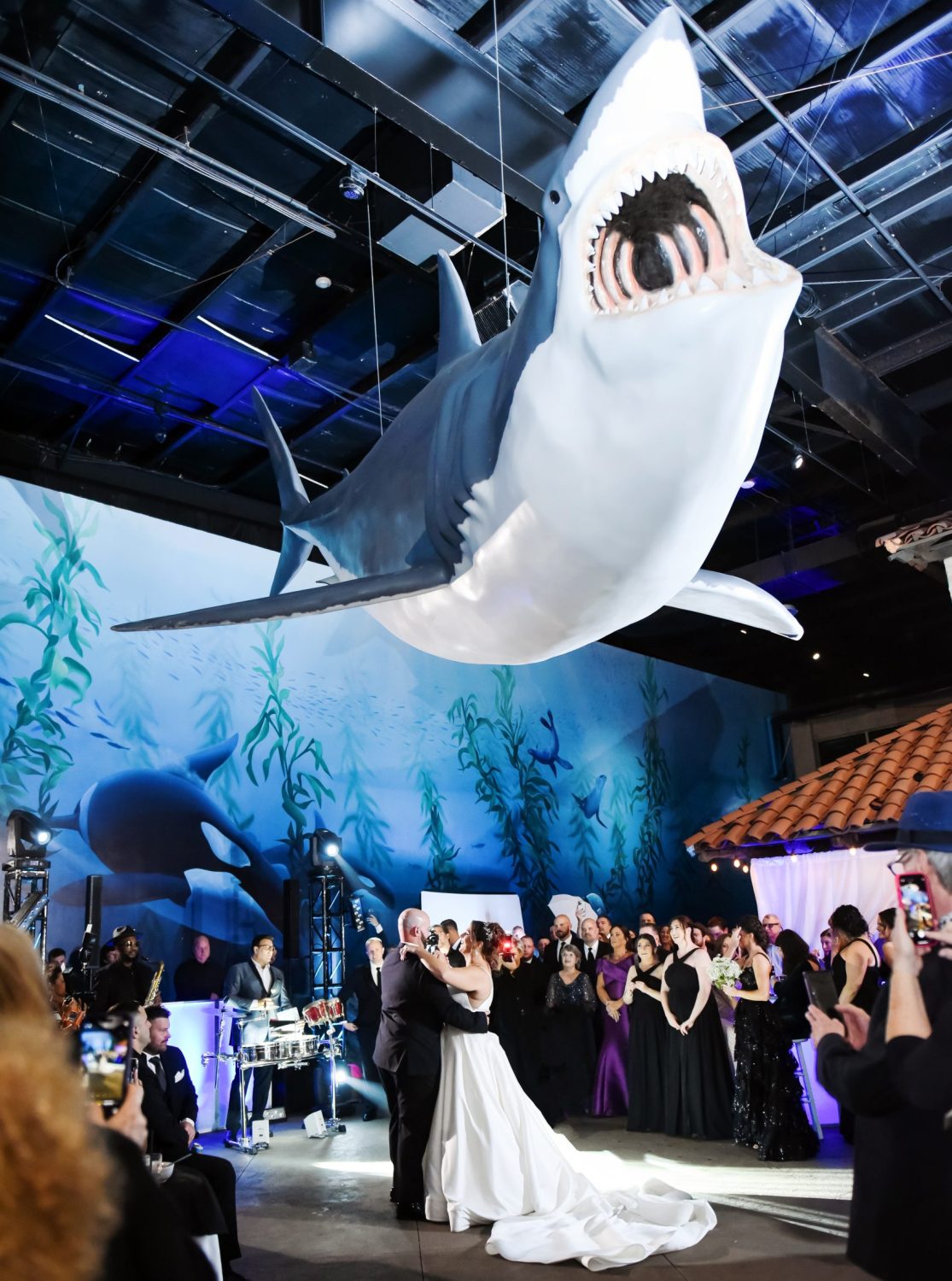 Bride and Groom dance under shark