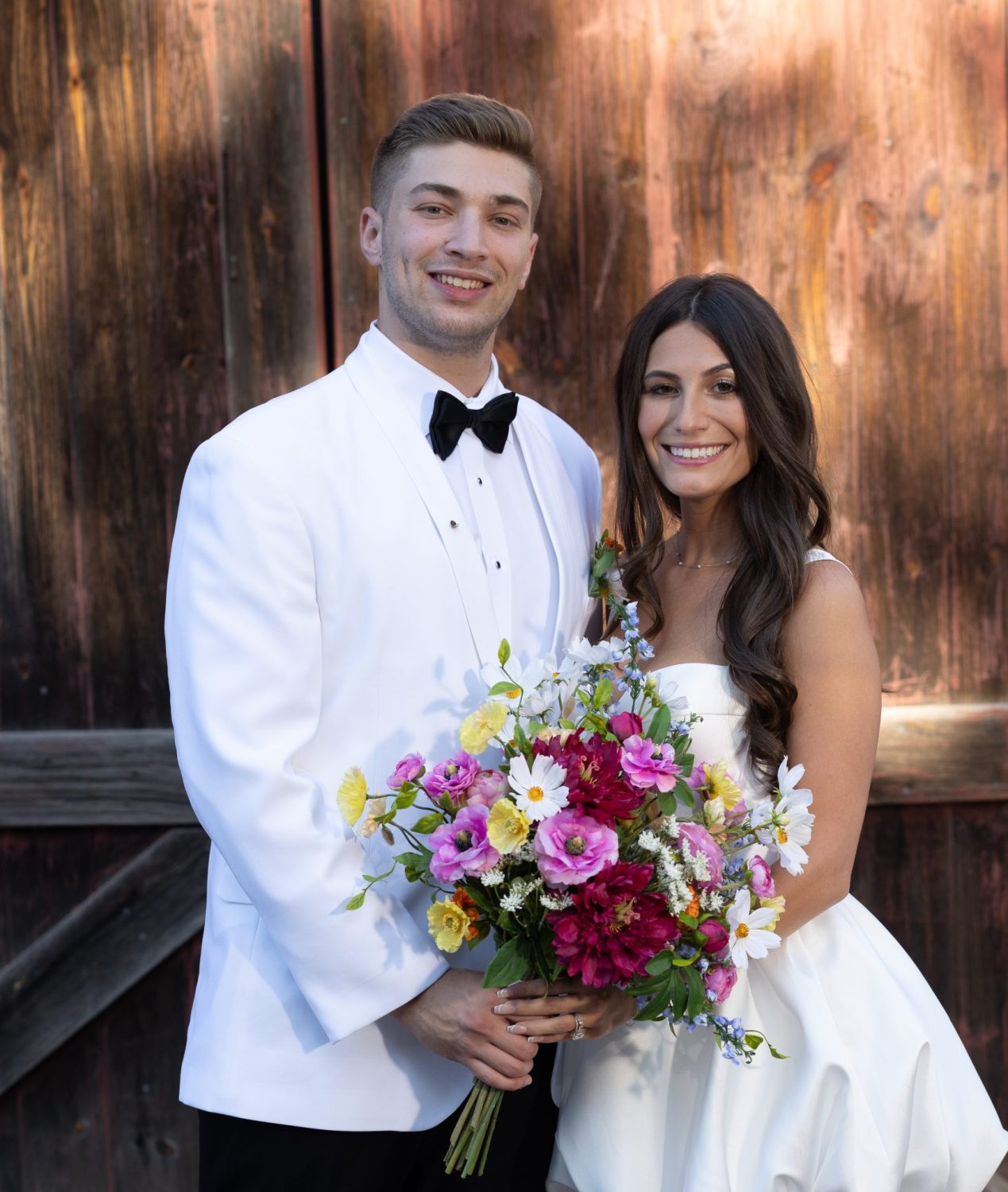 Bride and groom with bouquet