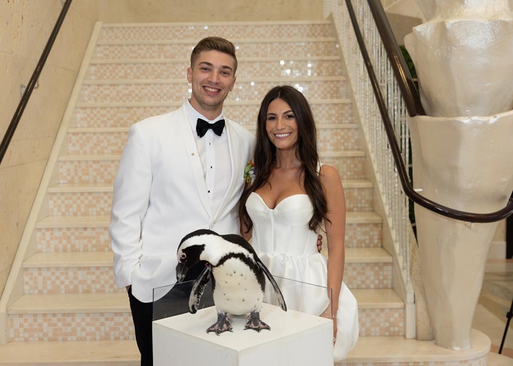 Bride and groom posing with a penguin at Long Island Aquarium